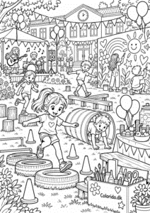 Skolefestival med sport og kunst – detaljeret skoletegning til print