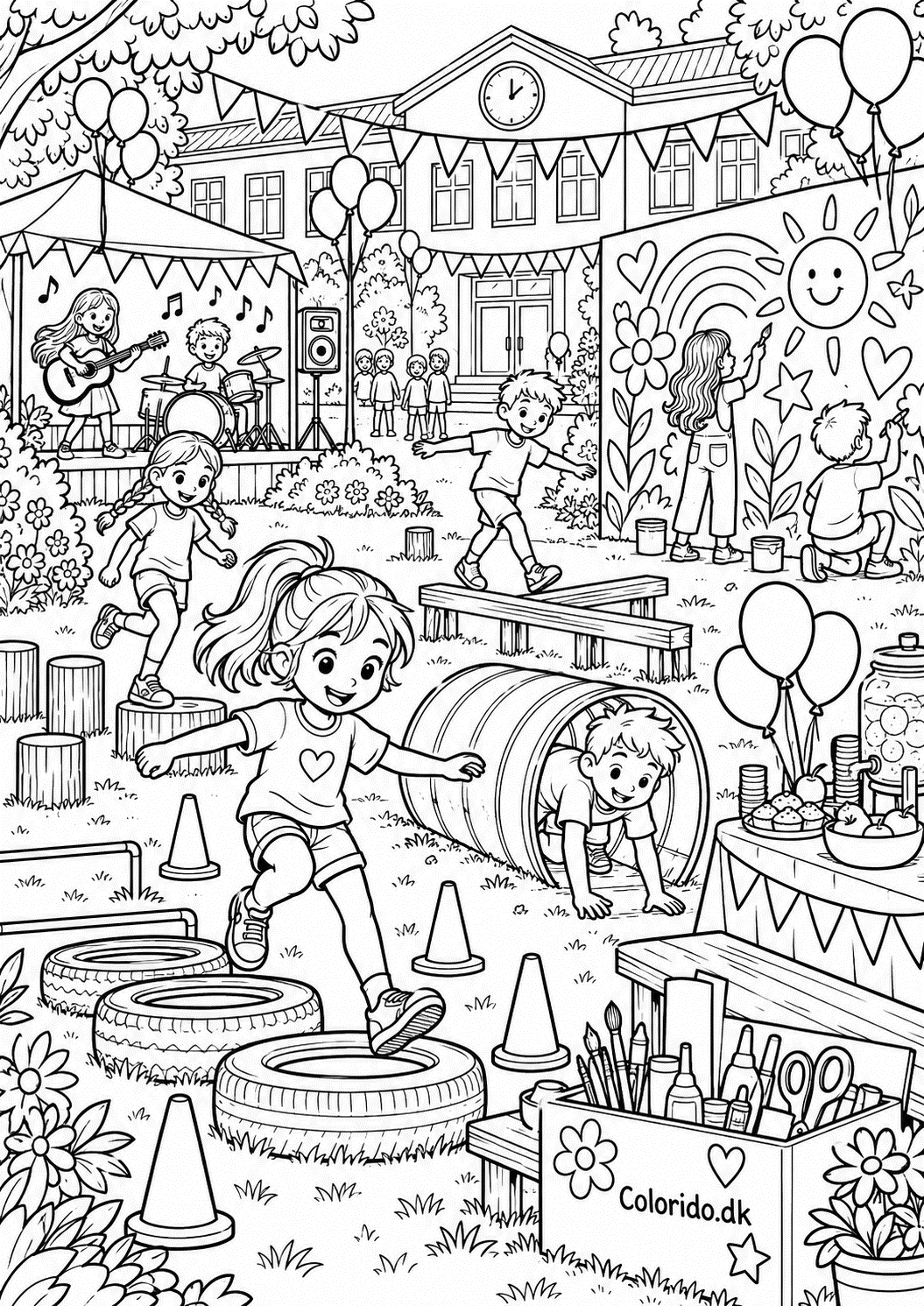 Skolefestival med sport og kunst – detaljeret skoletegning til print