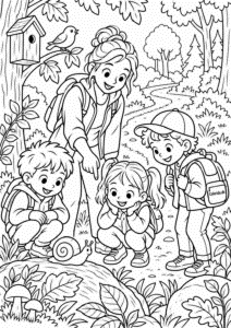 Skoleudflugt i skoven – gratis skoletegning til print