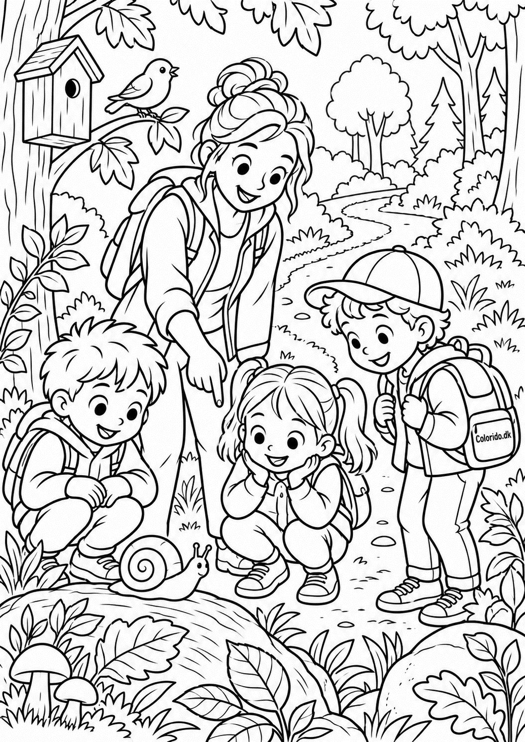 Skoleudflugt i skoven – gratis skoletegning til print