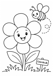 Smilende blomst med bi – børnetegning til print