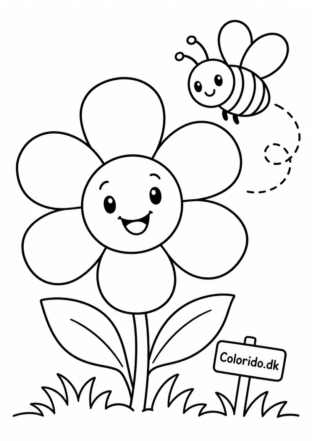 Smilende blomst med bi – børnetegning til print