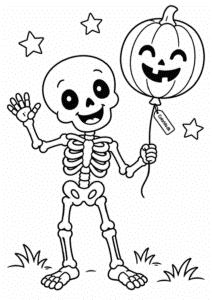 Smilende skelet med græskarballon – enkel skelettegning for børn