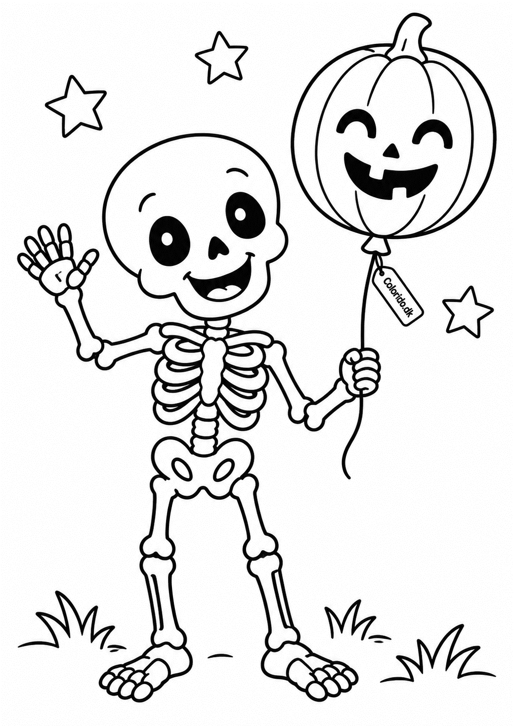 Smilende skelet med græskarballon – enkel skelettegning for børn