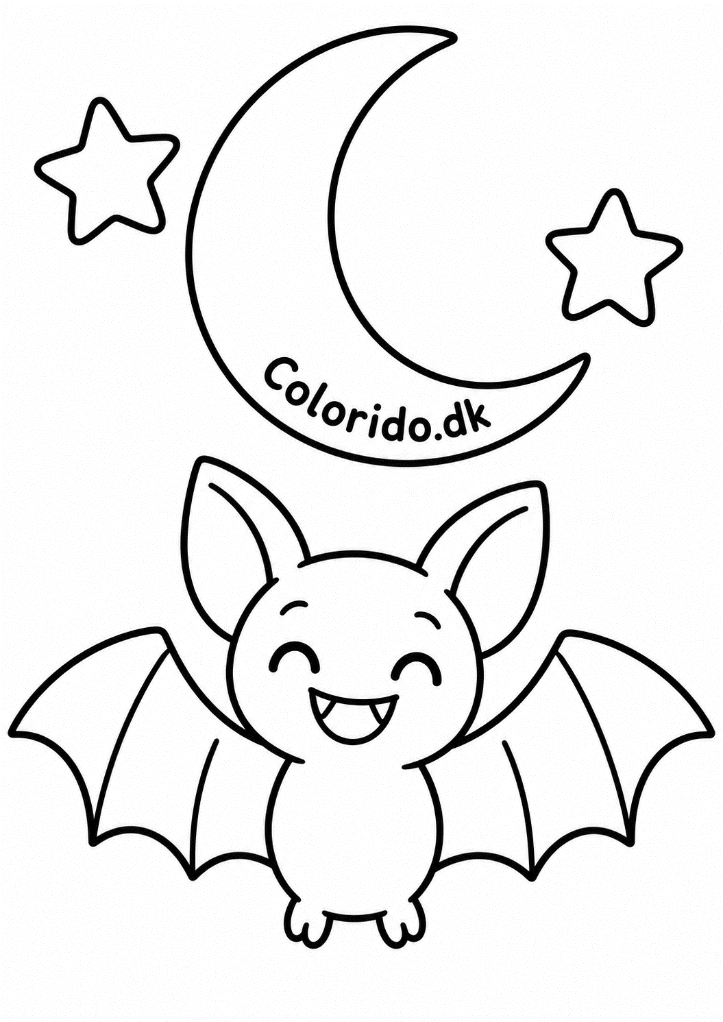 Smilende flagermus med måne og stjerner – let Halloween tegning til print