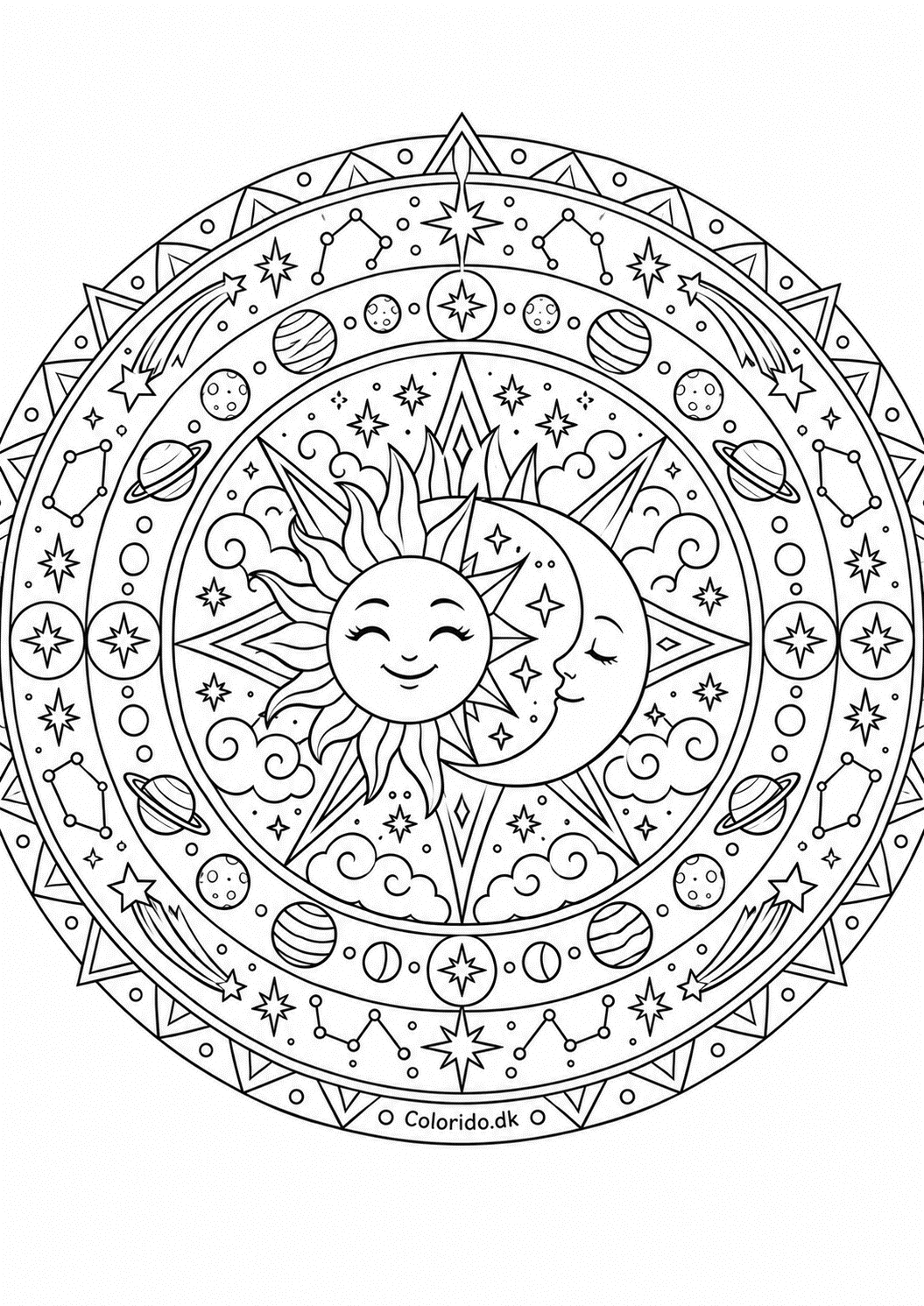 Sol- og måne-mandala med planeter og stjerner
