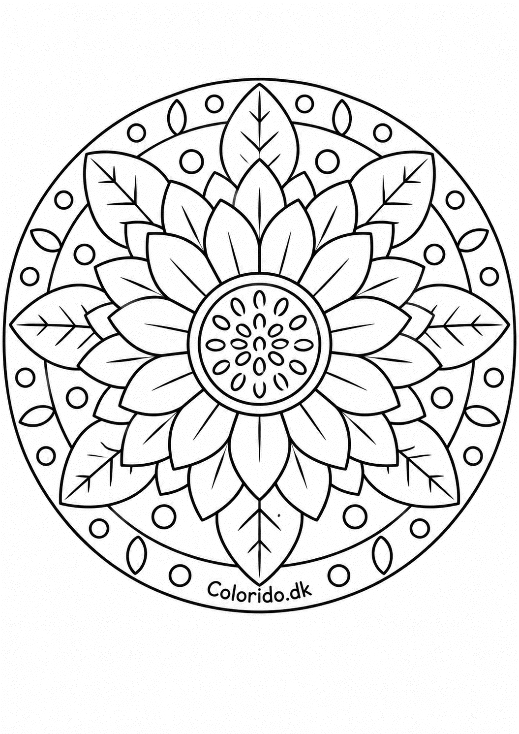 Solsikke-mandala med blade til print
