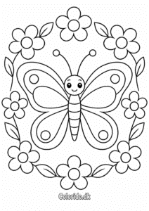 Sommerfugl i blomsterramme – tegning til print