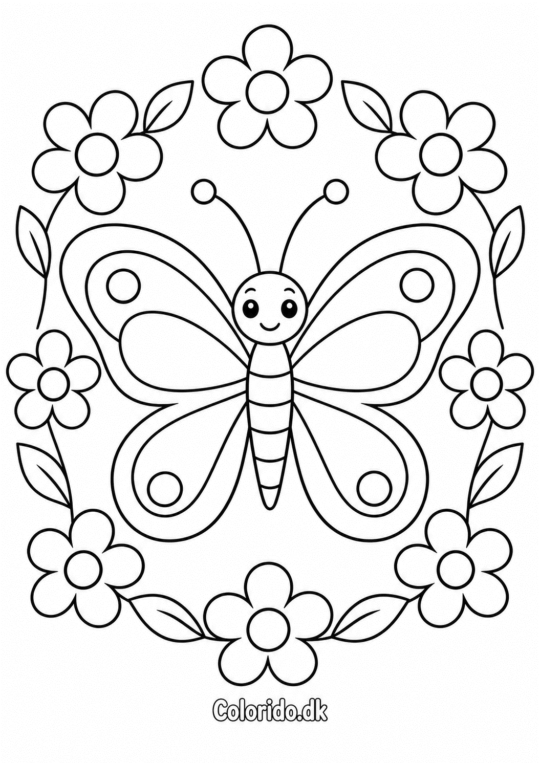 Sommerfugl i blomsterramme – tegning til print