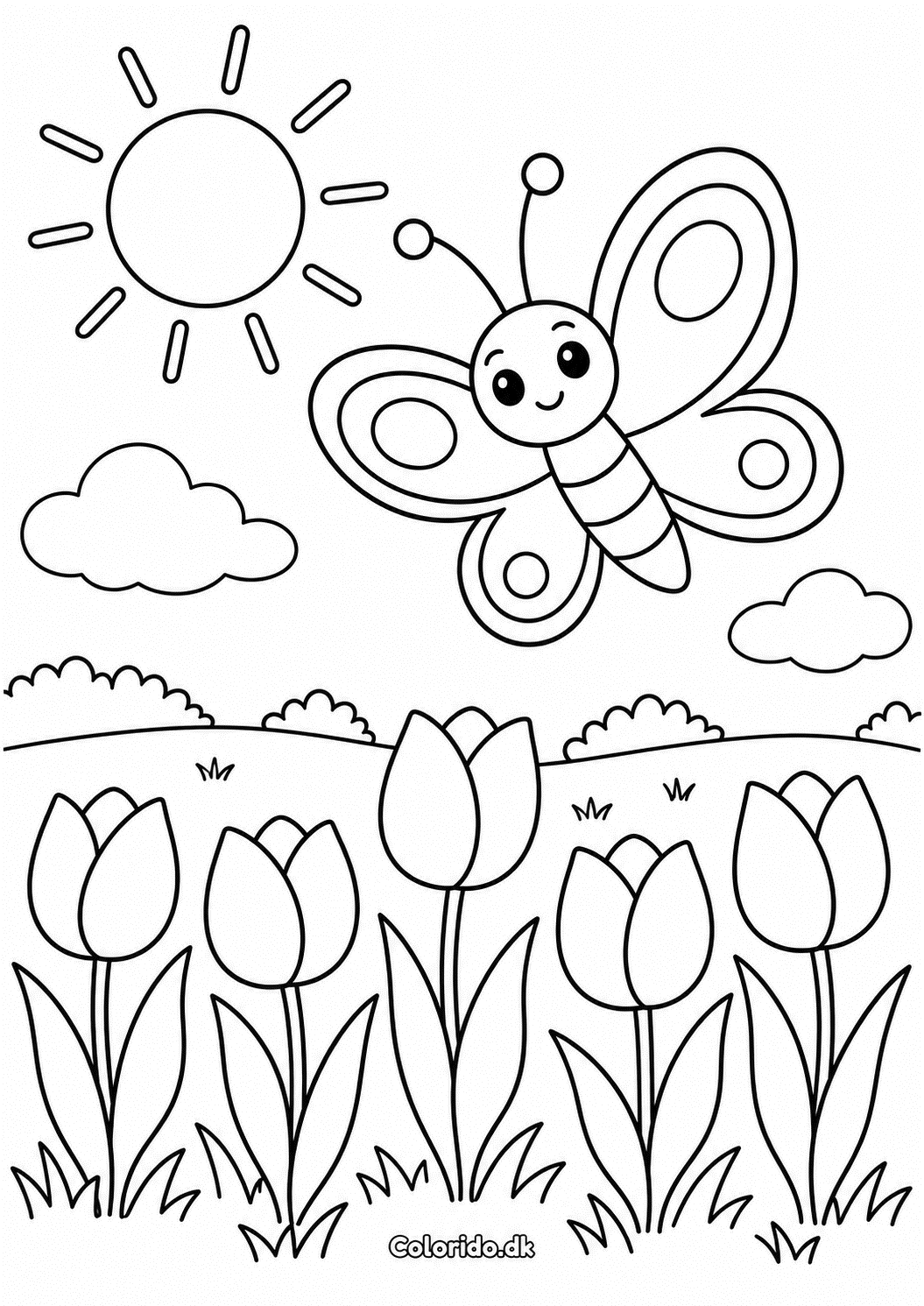 Sommerfugl over tulipaner – gratis tegning til print