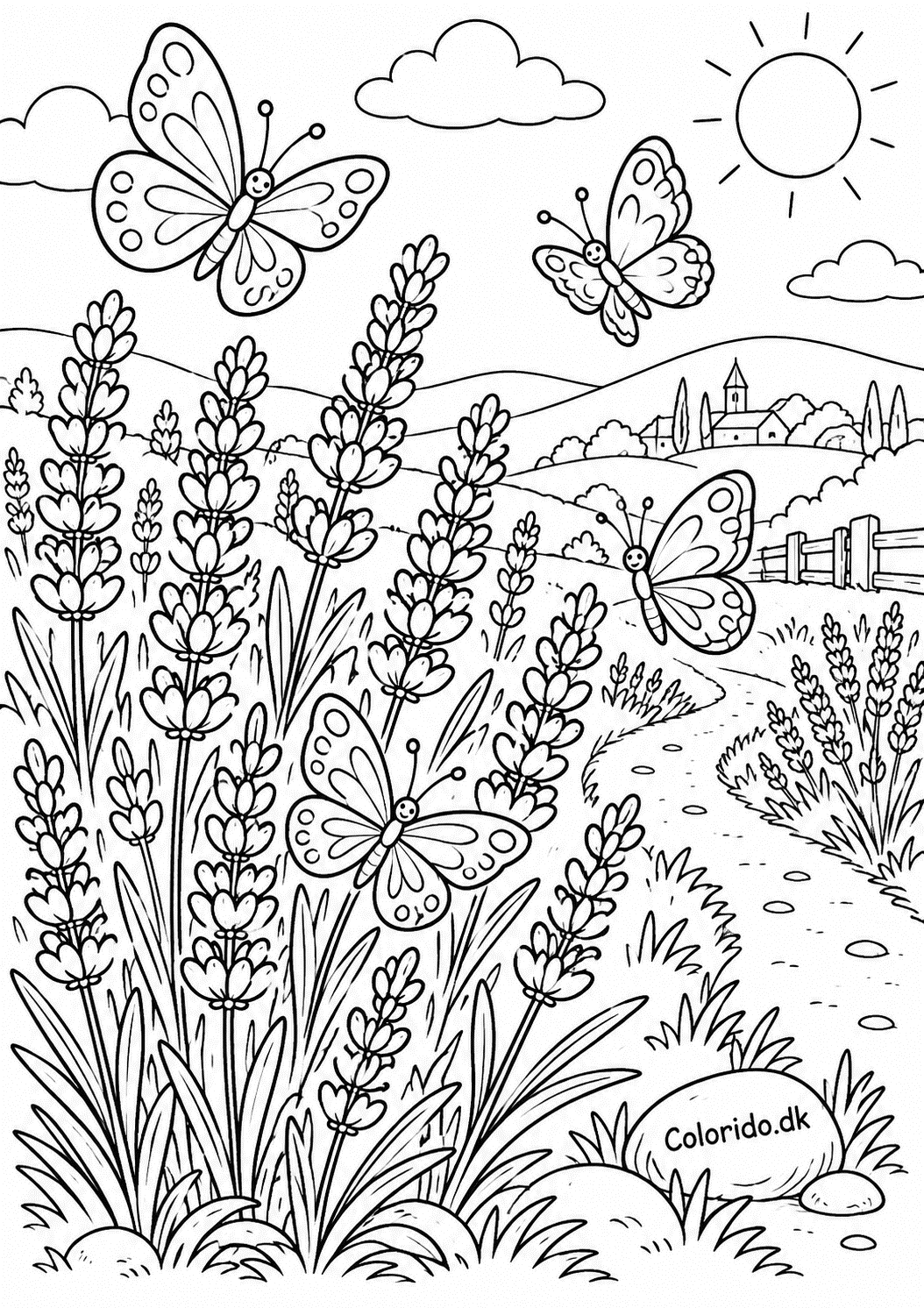 Sommerfugle i lavendelmark – gratis blomst tegning