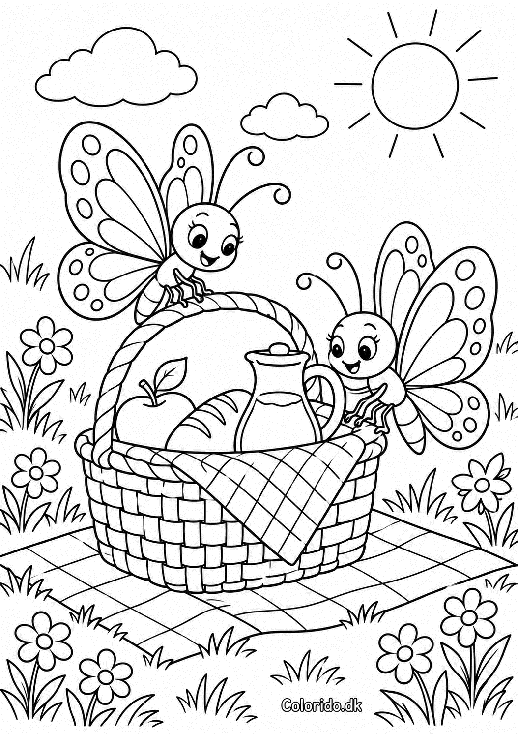Sommerfugle ved picnickurv – tegning til print