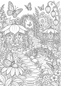 Sommerfugle ved roseport i haven – detaljeret tegning