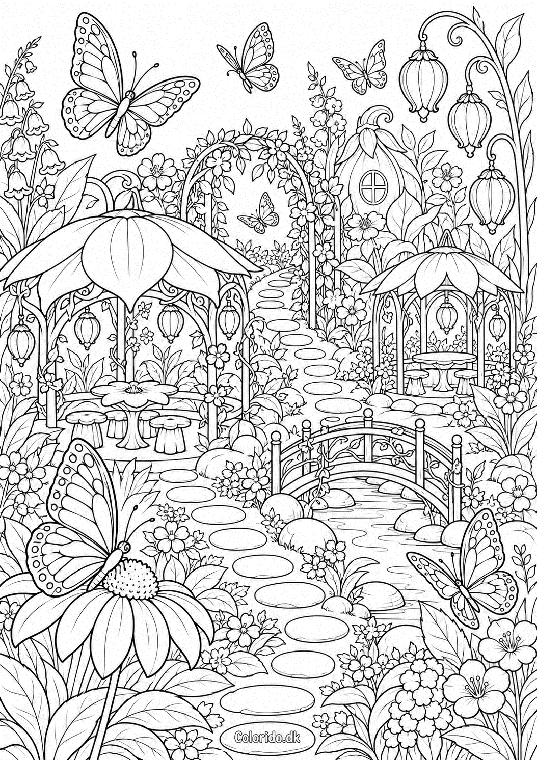 Sommerfugle ved roseport i haven – detaljeret tegning