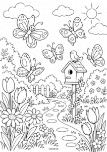 Sommerfuglehave med fuglehus – forårstegning til print