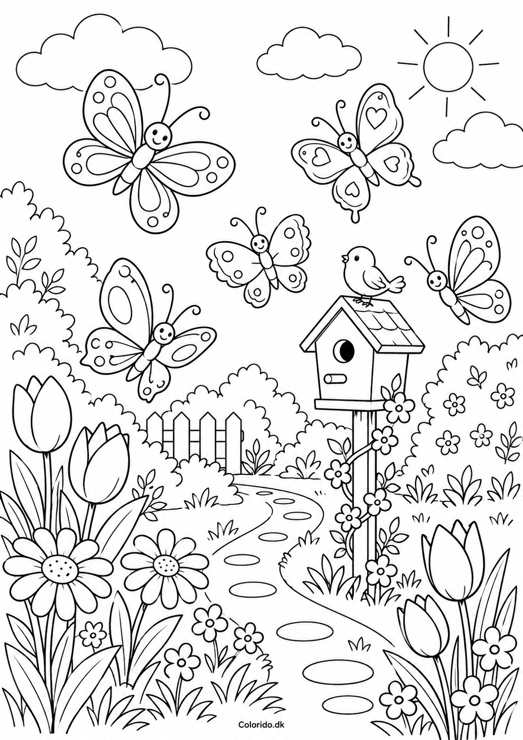Sommerfuglehave med fuglehus – forårstegning til print