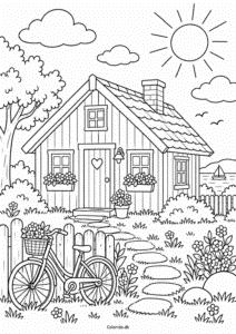 Sommerhus med cykel – farvelægning til børn