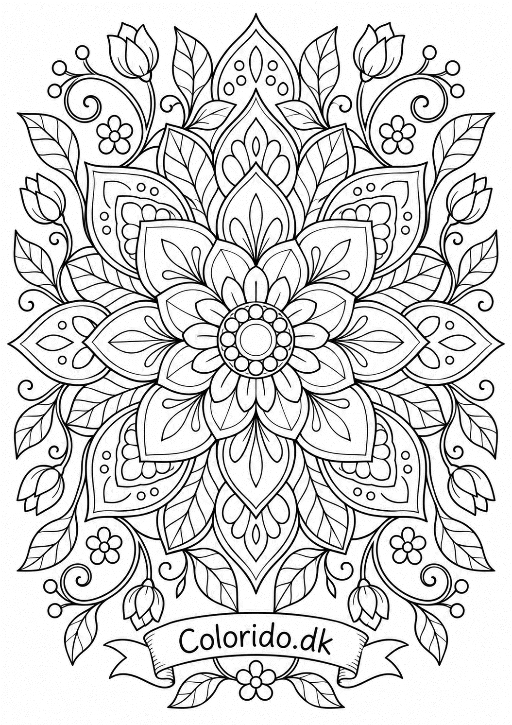 Stor blomstermandala med blade til print