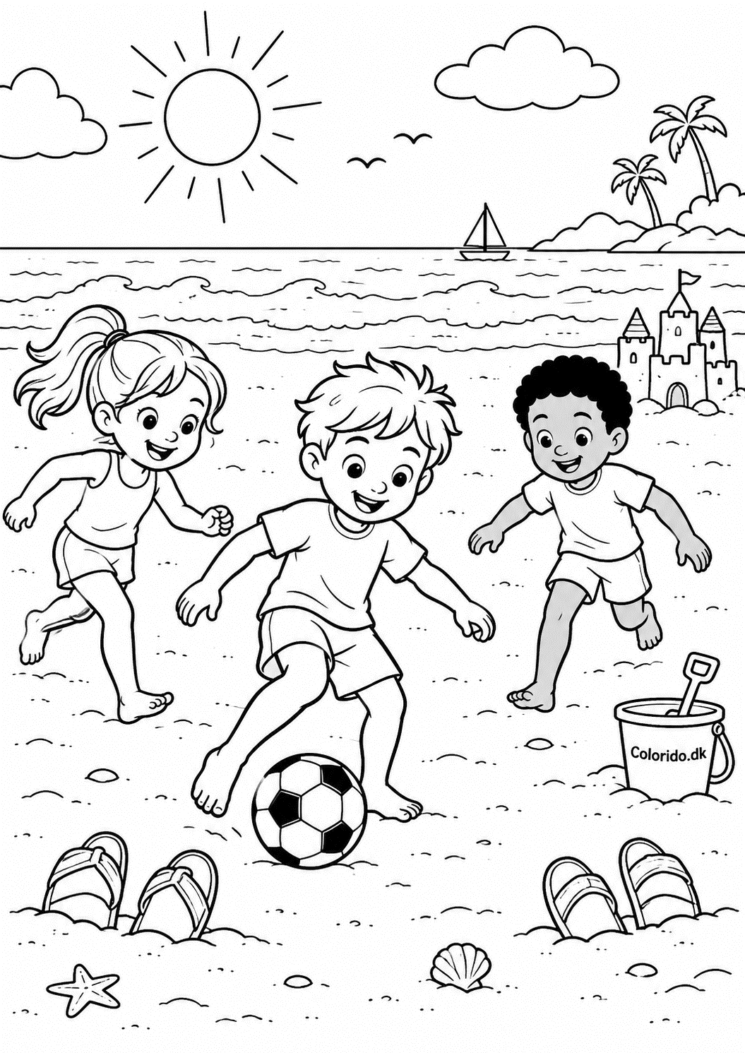 Strandfodbold med børn – sommertegning til print