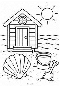 Strandhus med musling – enkel sommertegning