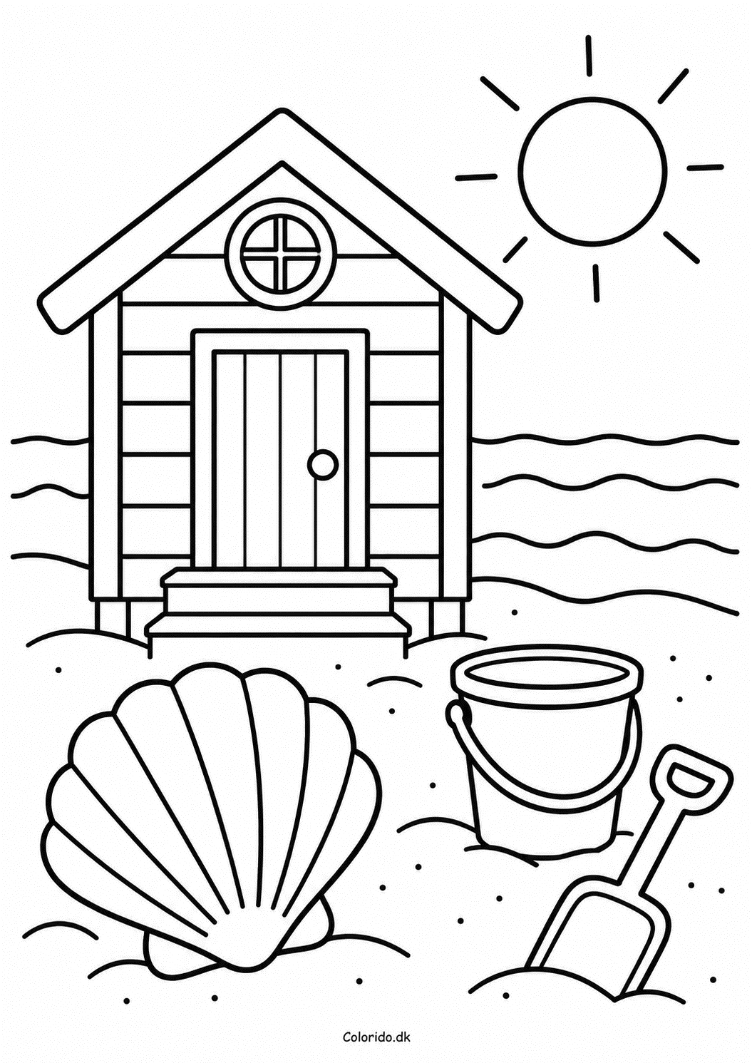 Strandhus med musling – enkel sommertegning