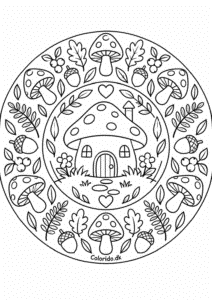 Svampe-skov-mandala – gratis tegning for børn