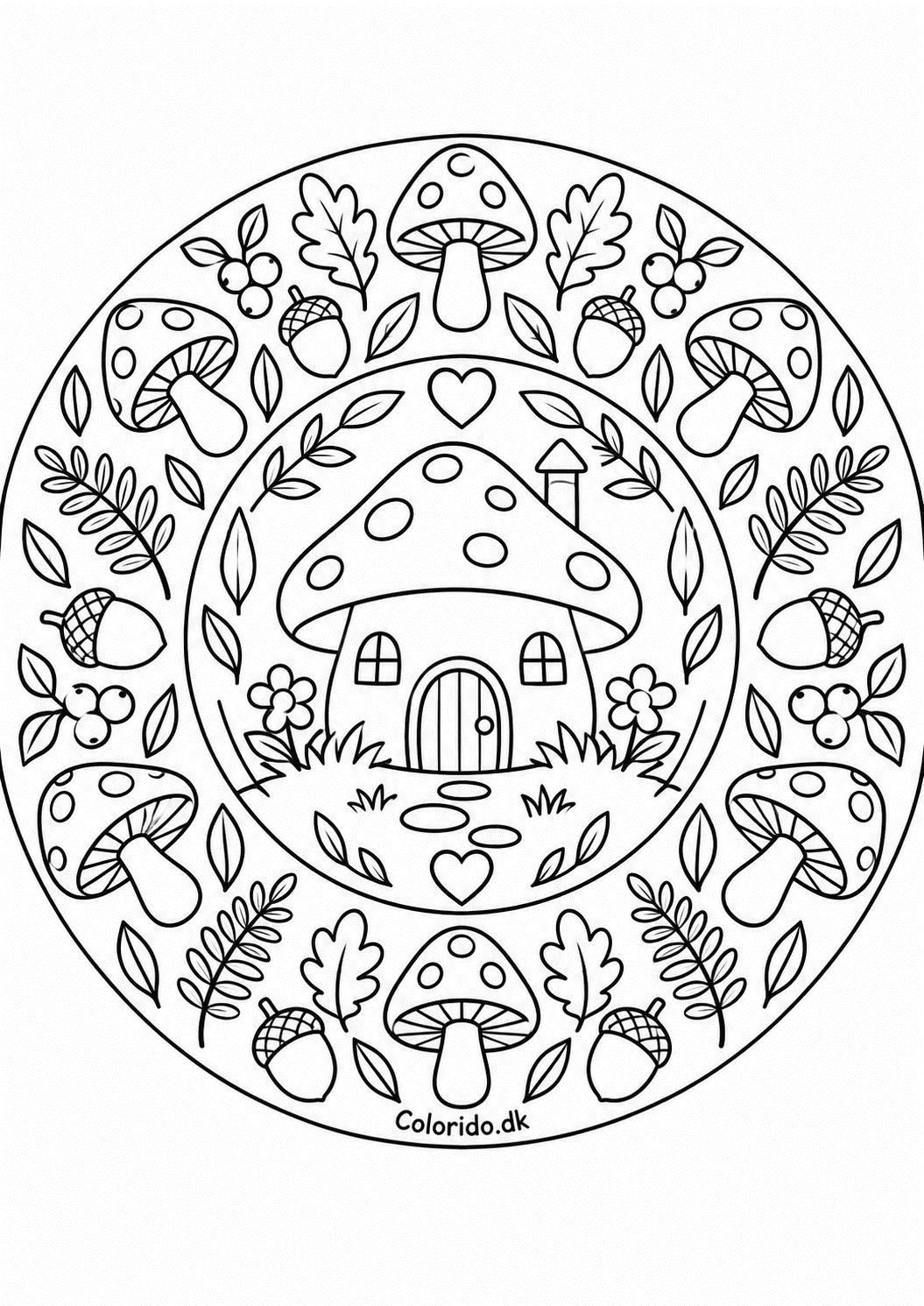 Svampe-skov-mandala – gratis tegning for børn