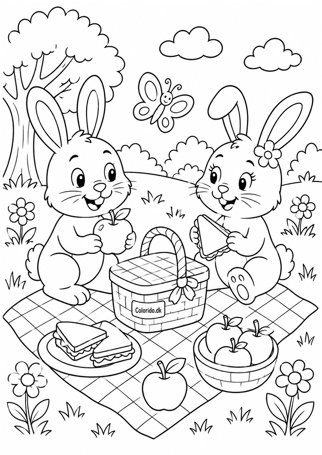 To kaniner på picnic – hyggelig tegning til print