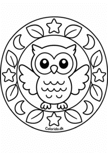Ugle-mandala med måner, stjerner og blade
