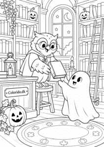 Ugle på Halloween-bibliotek – detaljeret tegning for børn