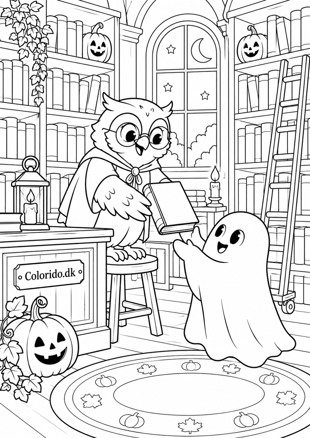 Ugle på Halloween-bibliotek – detaljeret tegning for børn