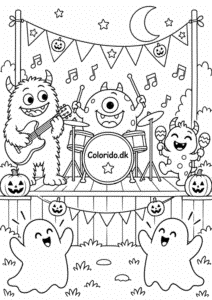 Venligt monsterband spiller koncert – sjov Halloween farvelægning