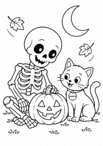 Venligt skelet, kat og græskar under månen – gratis halloweentegning