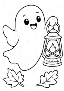 Spøgelse med gammel lanterne og efterårsblade – gratis Halloween tegning