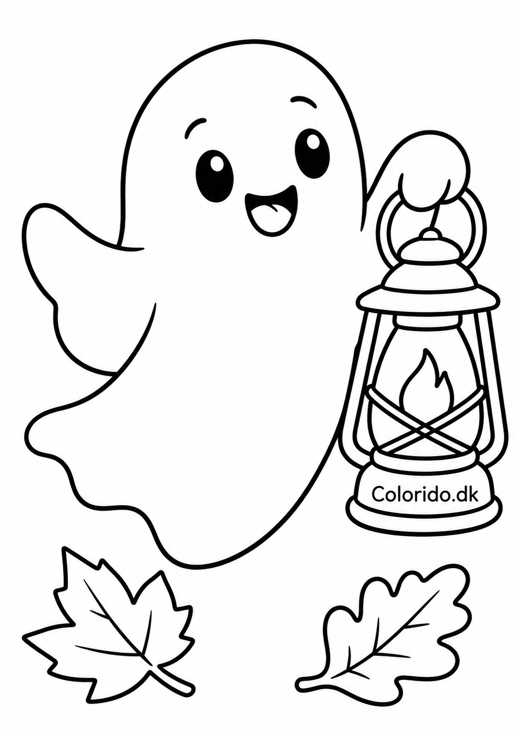 Spøgelse med gammel lanterne og efterårsblade – gratis Halloween tegning