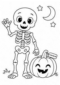 Vinkende skeletven og smilende græskar – nem skelettegning til print
