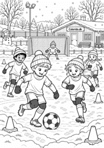 Vinterfodbold med sne – detaljeret tegning for børn