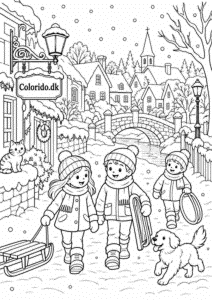 Vinterlandsby med julemarked – avanceret tegning til print