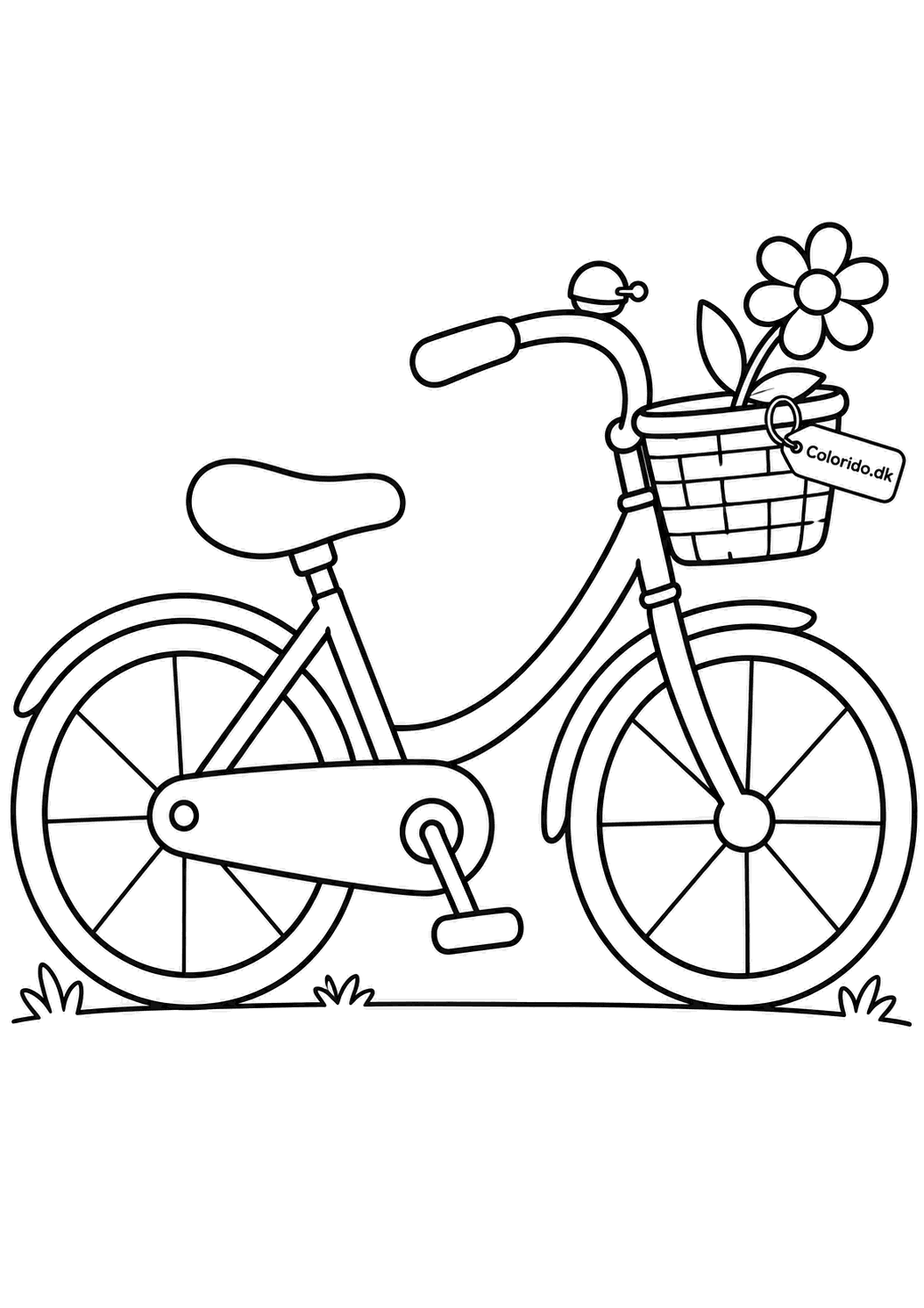 Cykel med blomster i kurven – tegning til farvelægning