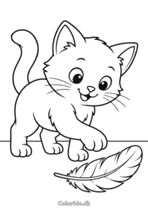 Nysgerrig kat med fjer – nem tegning til print