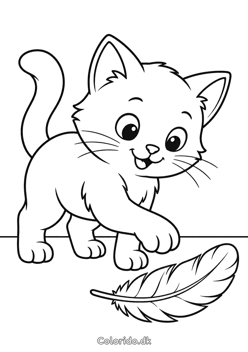 Nysgerrig kat med fjer – nem tegning til print