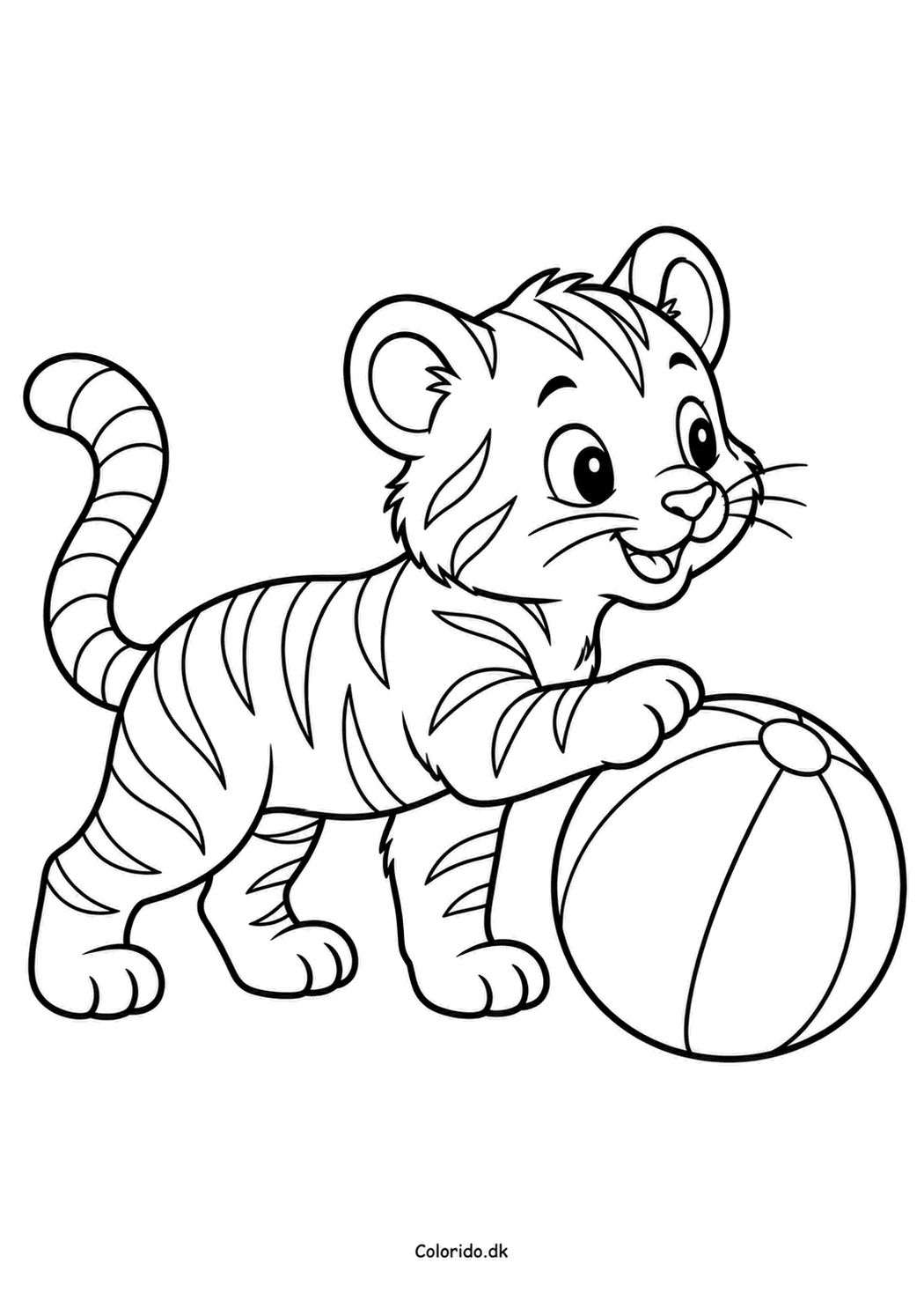 Tiger med en stor bold – gratis tegning til print