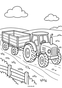 Traktor med stor vogn – tegning for børn