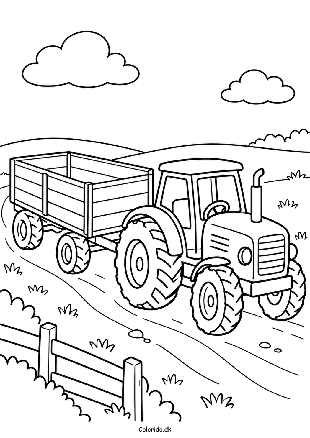 Traktor med stor vogn – tegning for børn