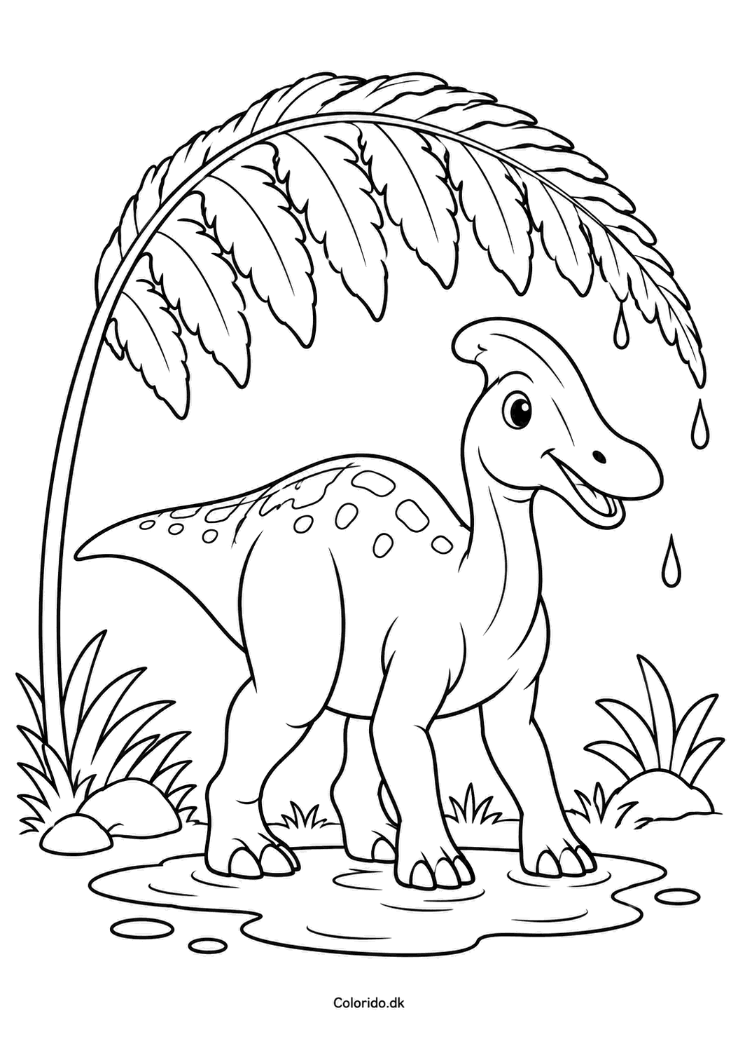 Dinosaur under en bregne i regnvejr til print