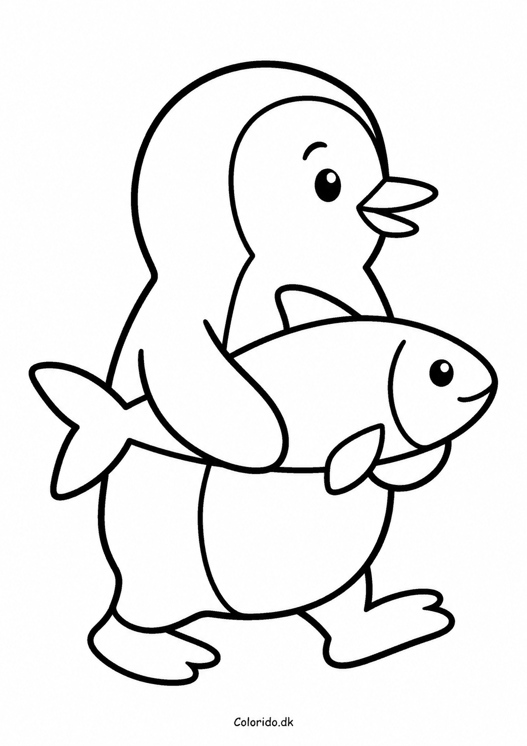 Glad pingvin med fisk – let malebogstegning