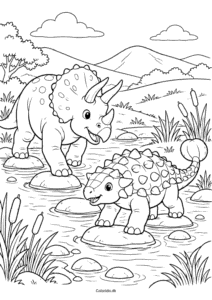Triceratops og ankylosaurus krydser bækken – tegning