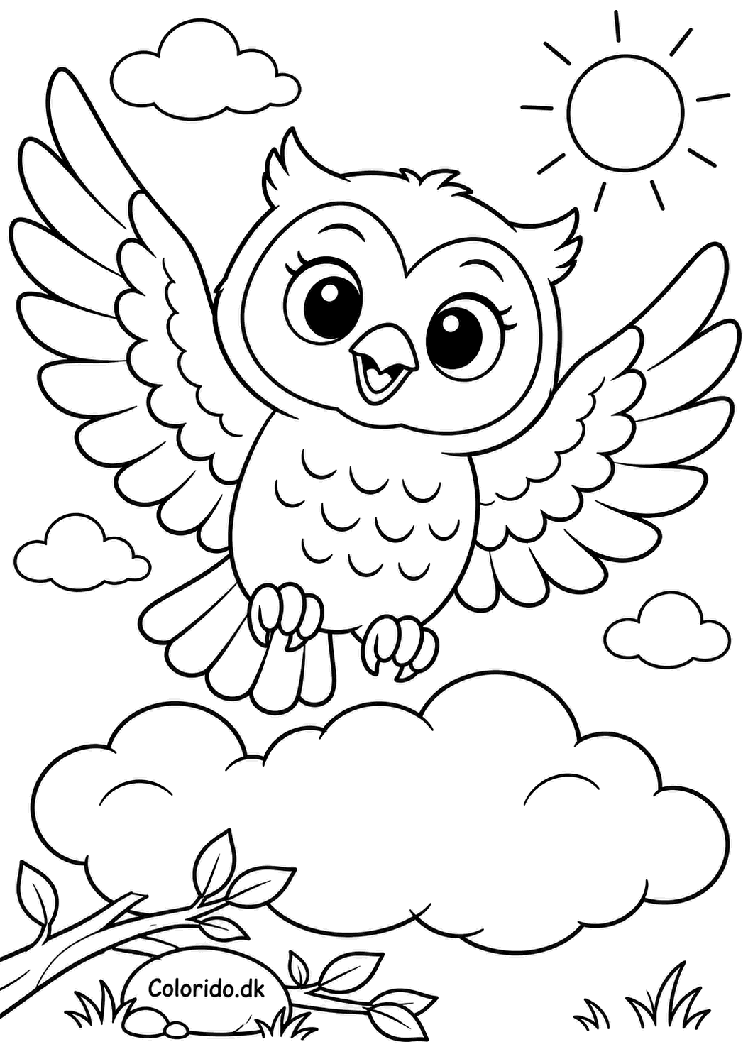 Flyvende ugle over sky – enkel malebogstegning