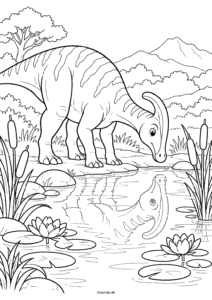 Langhalset dinosaur spejler sig i dammen – tegning til print