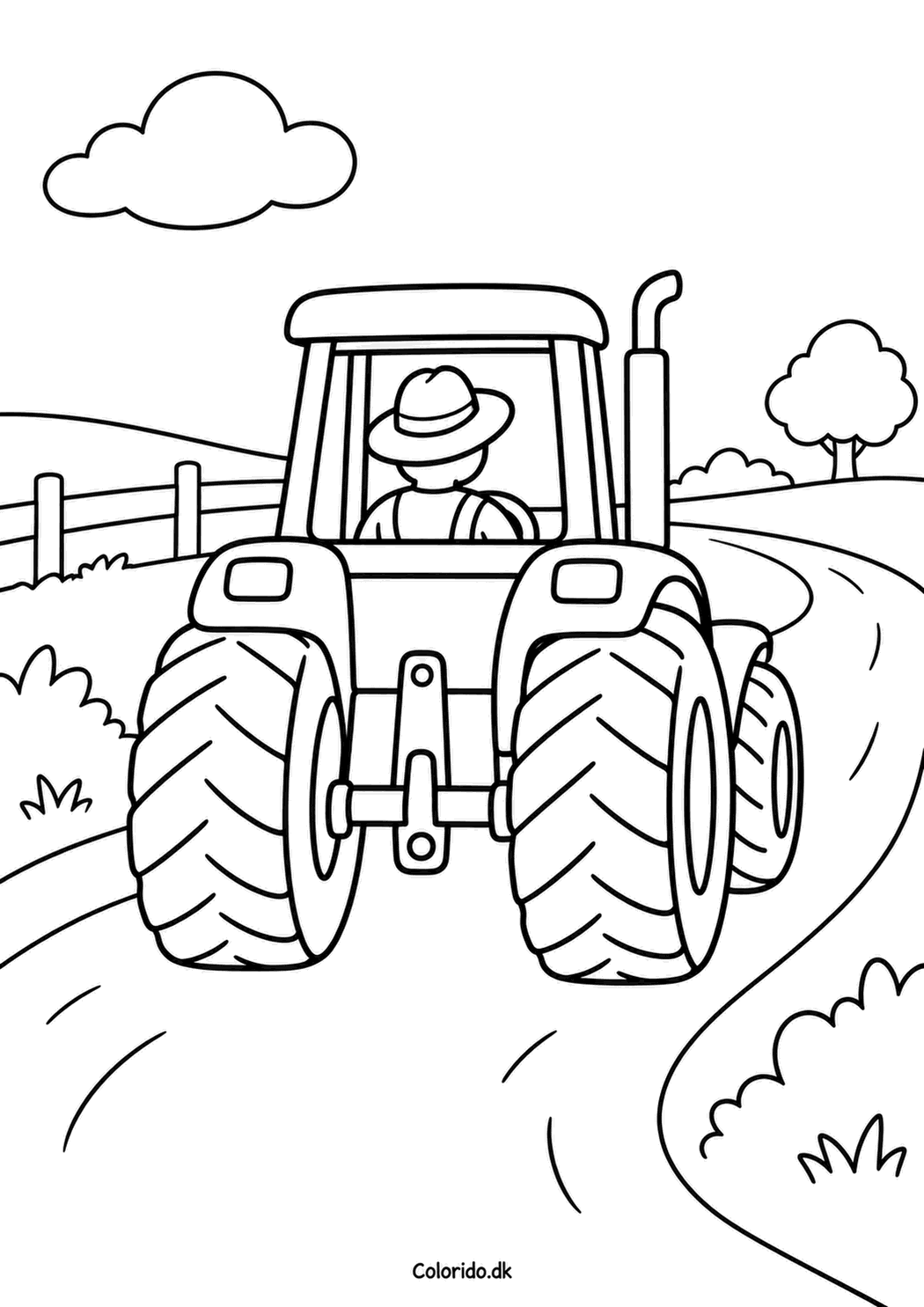 Traktor på grusvej – tegning til farvelægning